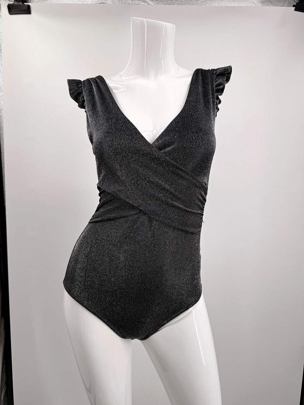 Bershka Night Out Metallic Wrap Front Ruffle Sleeve Bodysuit Black Silver Size M
